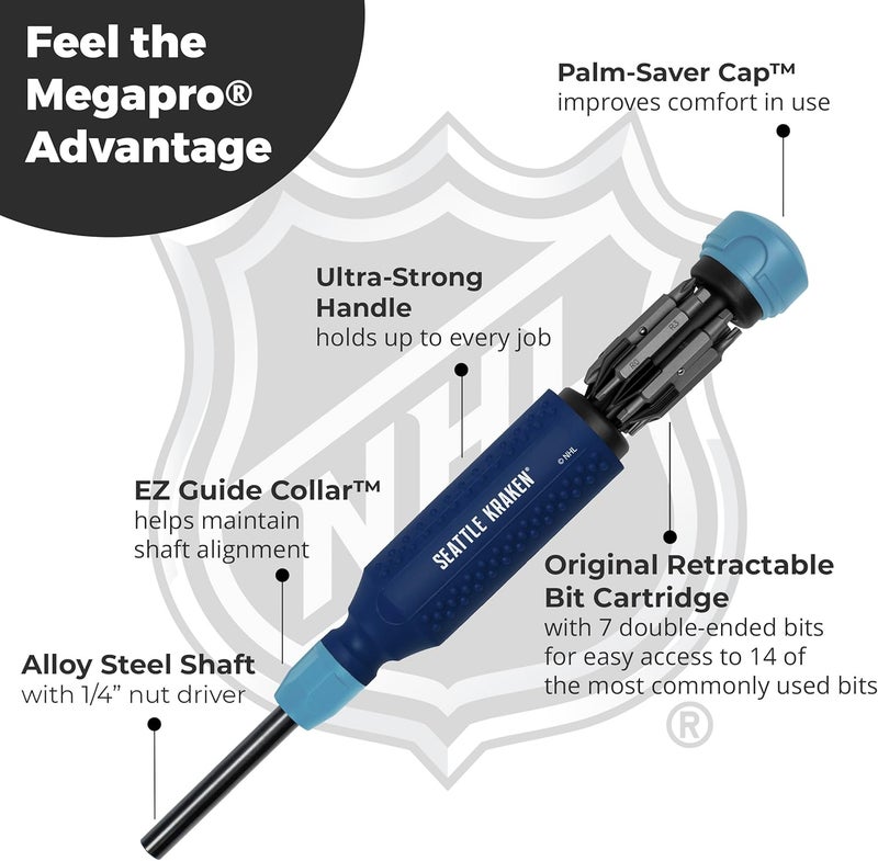 Megapro ® NHL® Team Edition Multi-bit Screwdriver | Officially Licensed NHL® Gear | Durable, Ergonomic, Pro-Grade Screwdriver (Seattle Kraken®) - Image 4